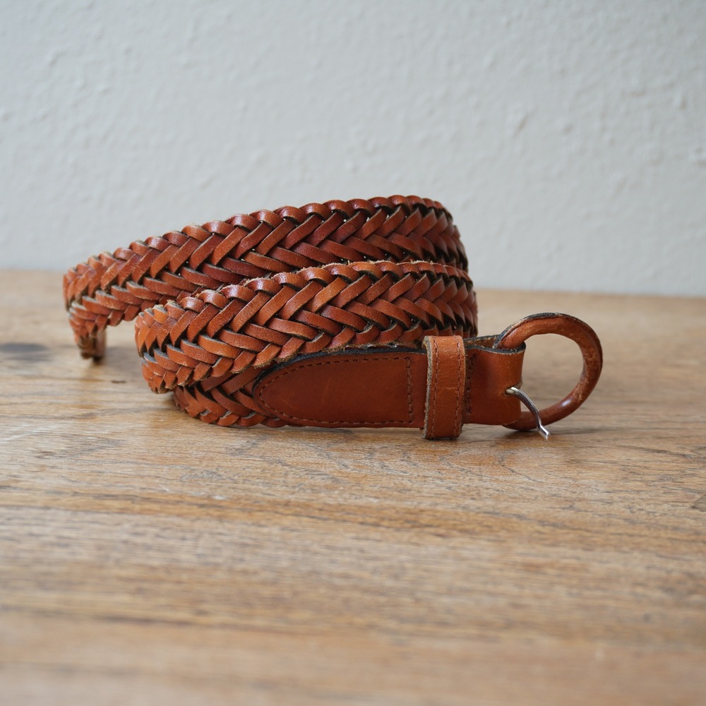 Vintage Tan Brown Braided Woven Genuine Leather Belt Round Buckle Size 30
